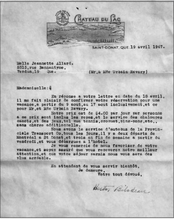 Lettre d'Hector Bilodeau pour une réservation en 1947 aux parents de M. Claude Ravary.
